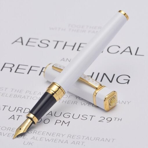 HERO 979 White Gold Fountain Pen – Elegant Writing InstrumentExperience the perfect blend of sophistication and functionality with the HERO 979 White Gold Fountain Pen. Designed for professionals and enthusiasts alike, this pen offers a smooth writing experience complemented by a luxurious aesthetic.​  Key Features:  Elegant Design: The pen features a sleek white body adorned with gold trims and a gold-plated clip, exuding a timeless and professional appeal. - Image 4