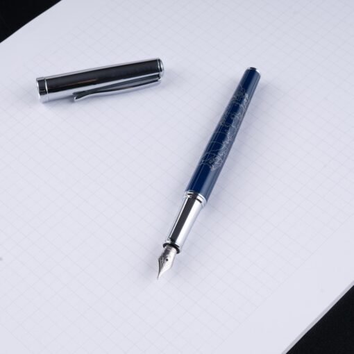HORNER Terra Fountain Pen: Blue Lacquered Barrel, Chrome Accents, World Map Engraving - Image 2