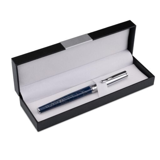 HORNER Terra Fountain Pen: Blue Lacquered Barrel, Chrome Accents, World Map Engraving - Image 3