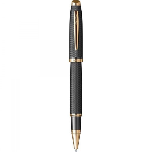 SCRIKSS Luxury Rollerball Pen with Textured Black Metal Body and Gold Trim Accents