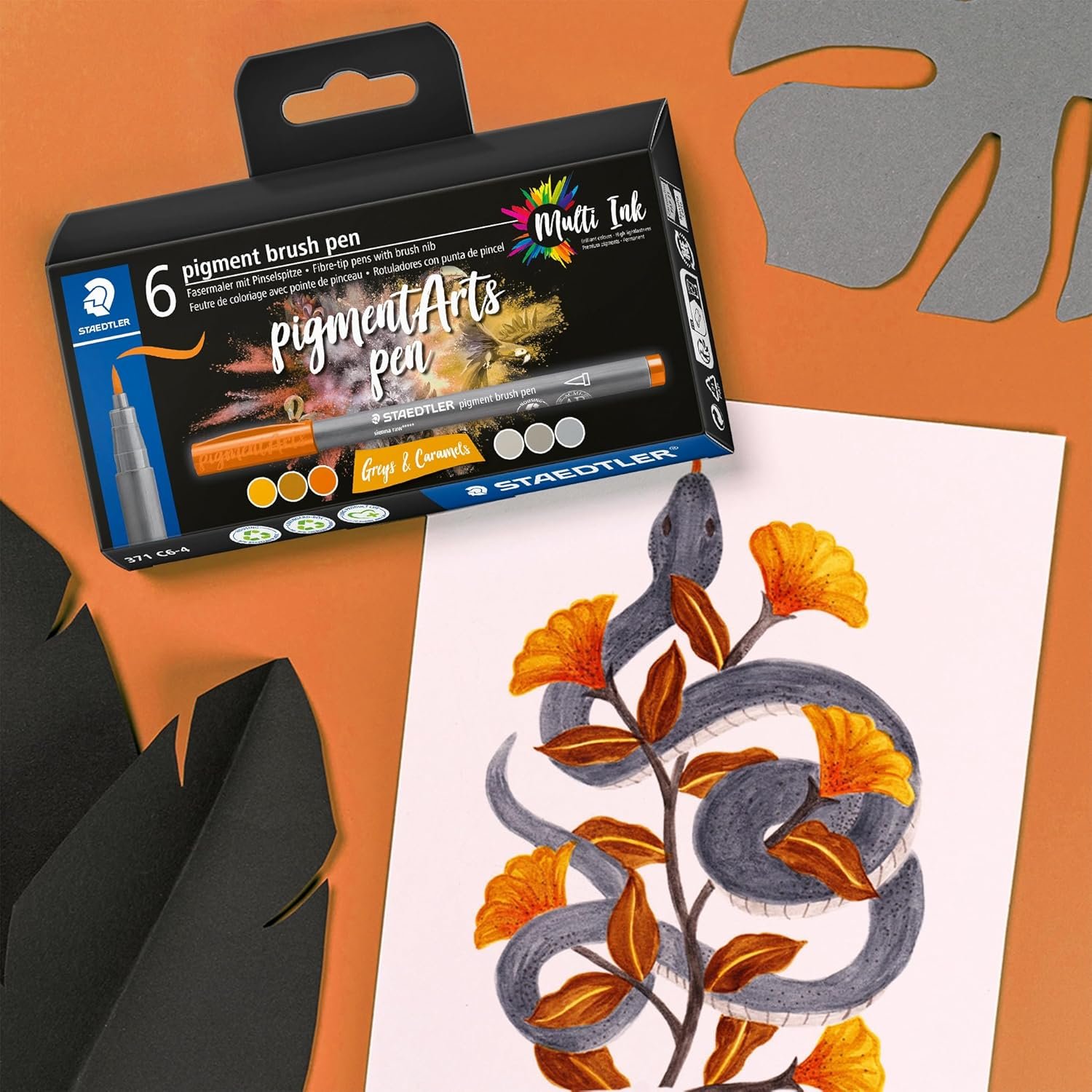 Staedtler Pigment brush pen - fibre-tip of 6 nos asst.colors - Greys & Caramel 371 C6-4 - Image 3