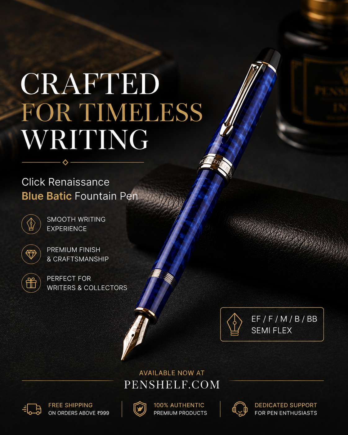 Click Renaissance Fountain Pen with Steel Nib, Converter & Cartridge Filling Batic Blue - Image 2