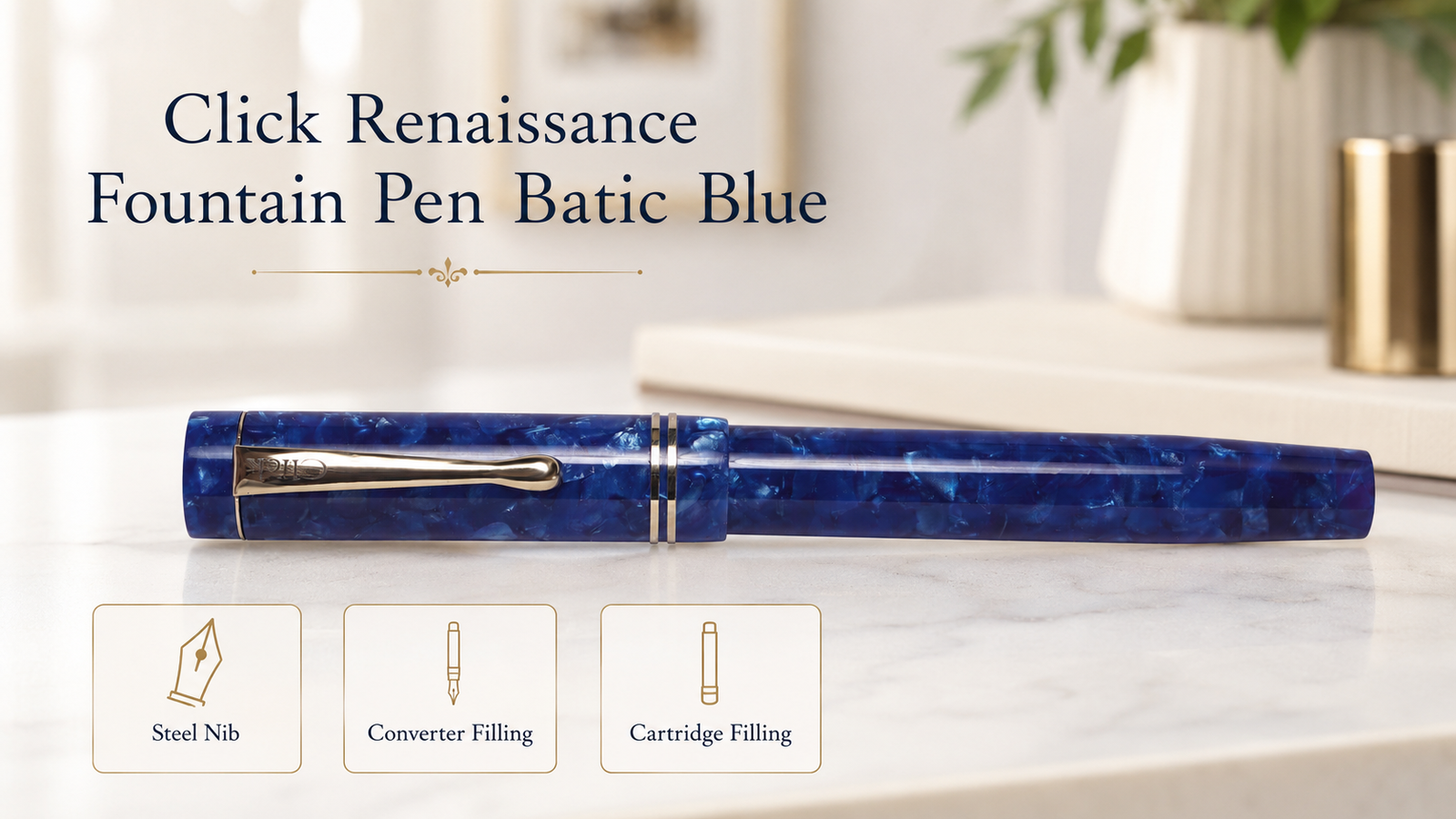 Click Renaissance Fountain Pen with Steel Nib, Converter & Cartridge Filling Batic Blue