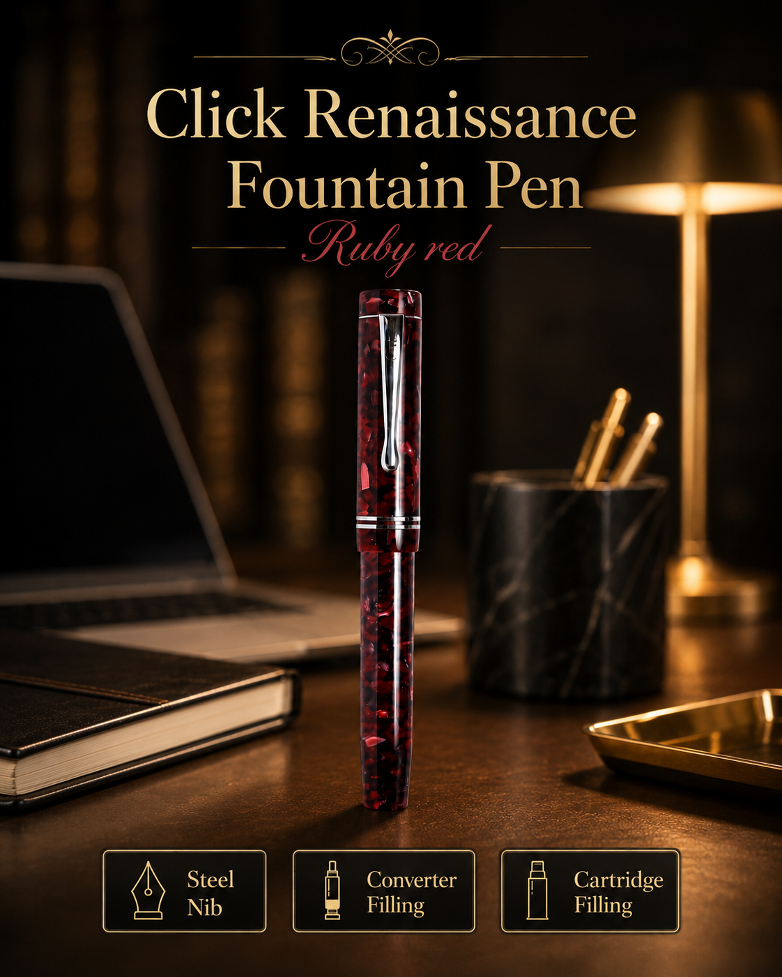 Click Renaissance Fountain Pen with Steel Nib, Converter & Cartridge Filling- Ruby Red