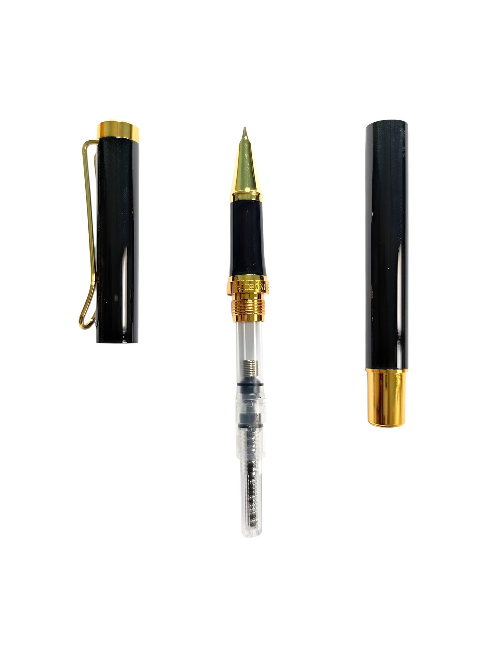 Hero Fountain Pen, Model No. 9365, Metal Body with Gold Trim and Clip, Premium Glossy Metallic Finish, Fine Nib Ink Pen, Refillable Ink Converter, Includes 6 Cartridges (Black)