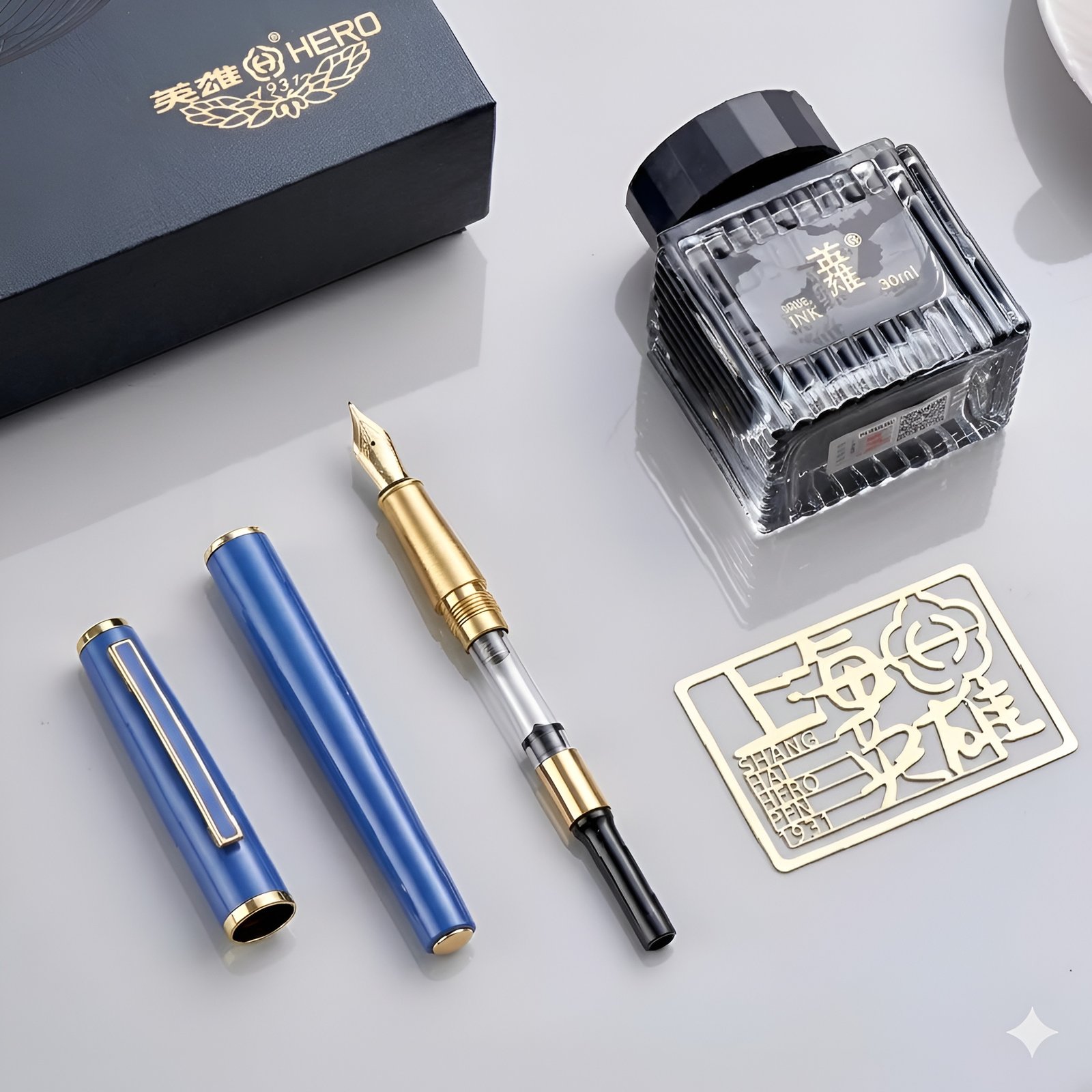 Hero Pen Original Fountain Pen E518 compact Gift Pen Set | Extra Fine Nib Fountain Pen with Refillable Ink Bottle for Smooth Writing | Premium Matte Blue Pen | Ideal for Students,Doctors & Gifting