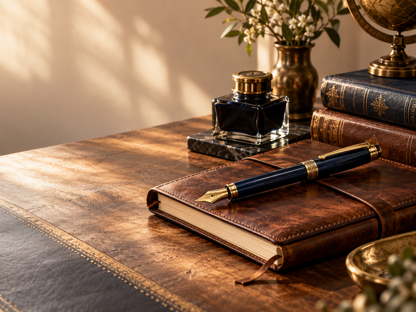 Fine writing instrument with notebook and ink in an elegant writing setting