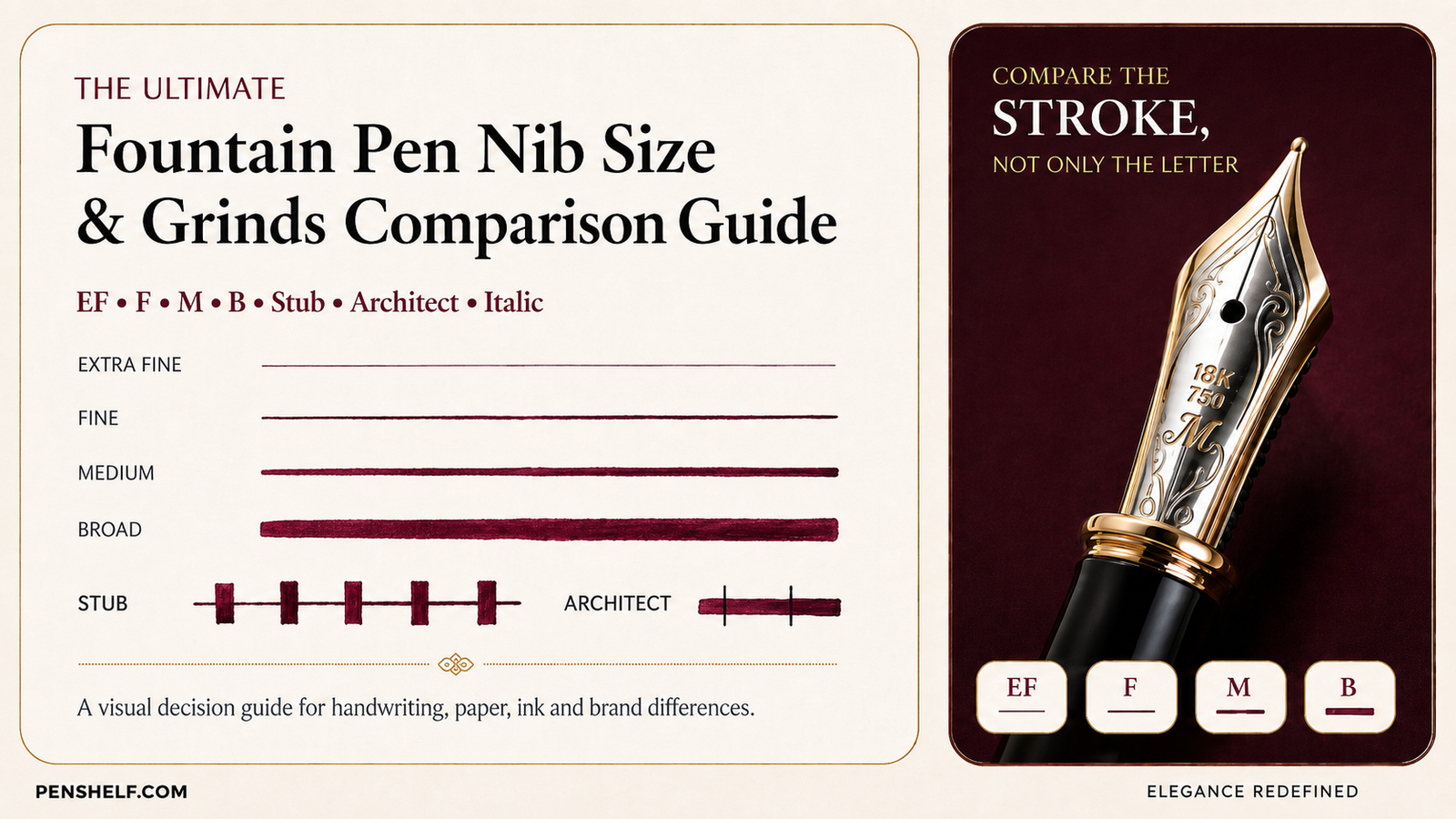 Fountain pen nib size comparison showing extra fine, fine, medium, broad, stub and architect nib strokes