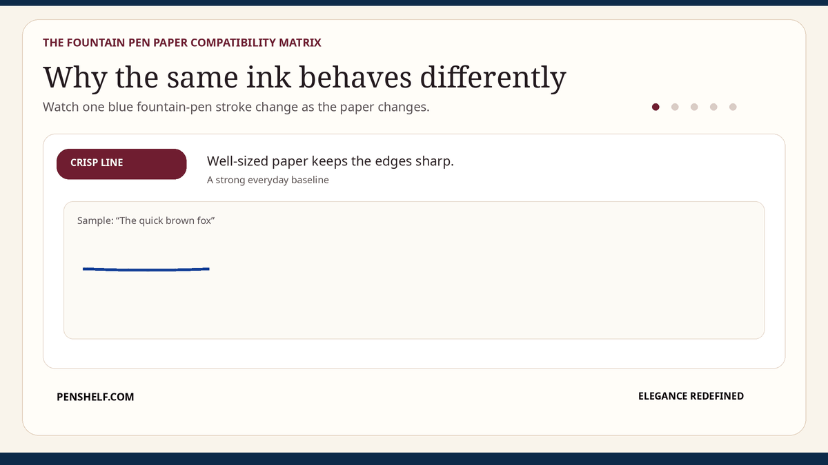 Animated fountain pen paper guide showing crisp lines, feathering, ghosting and bleed-through