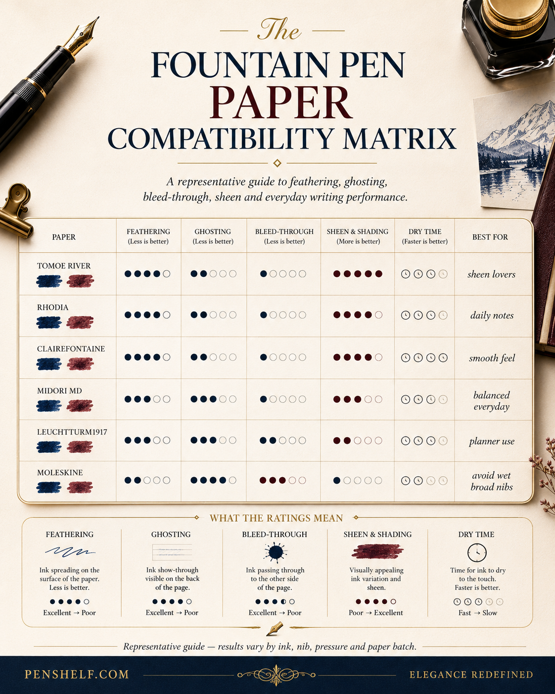 Fountain pen paper compatibility matrix comparing Tomoe River, Rhodia, Clairefontaine, Midori MD, Leuchtturm1917 and Moleskine