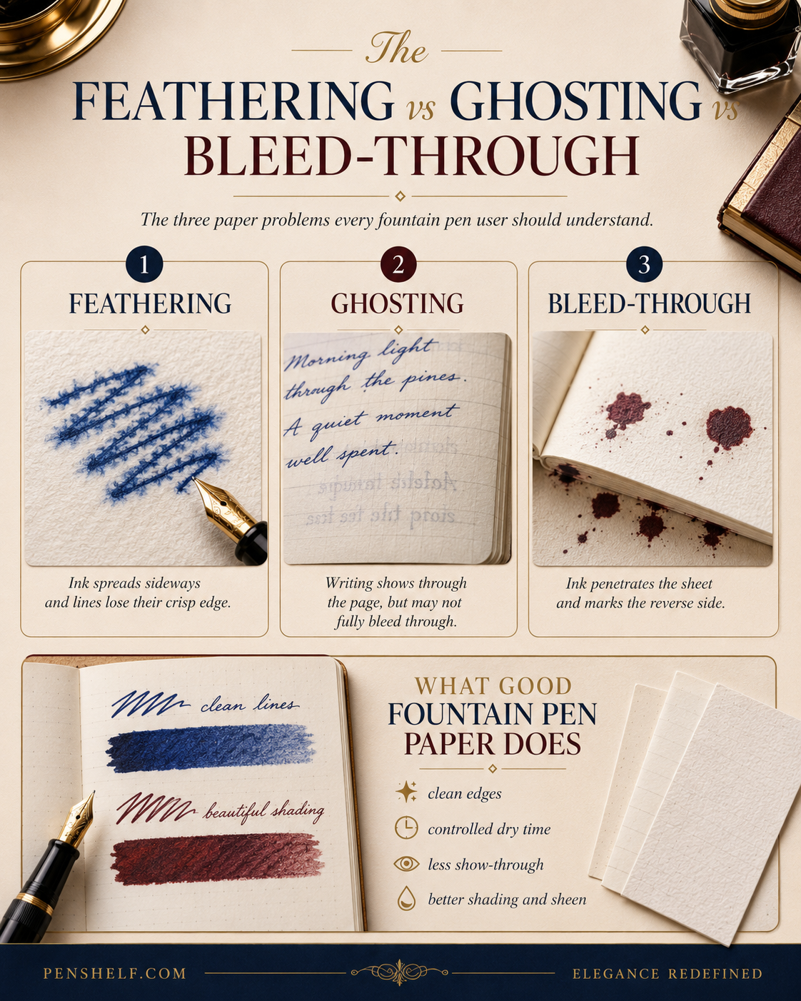 Visual explanation of fountain pen ink feathering, ghosting and bleed-through